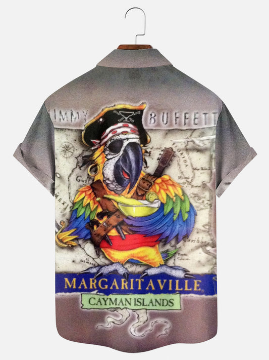 Parrot Pirate Cocktail Print Holiday Short Sleeve Shirt