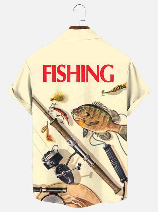 Men's Retro Fishing Book Print Hawaiian Short Sleeve Shirt