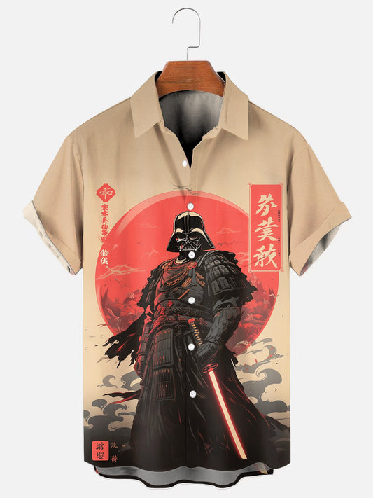 Men's Vintage Japanese Samurai Anime Print Hawaiian Short-Sleeve Pocket Shirt
