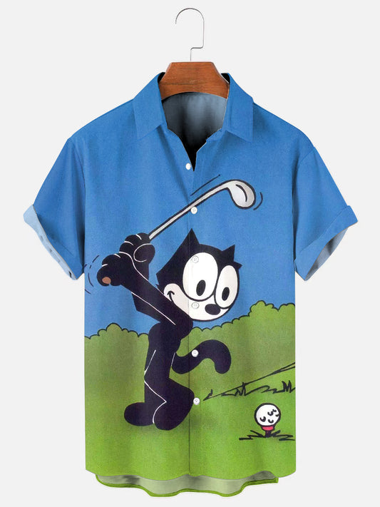Men's Retro Cartoon Cat Playing Golf Print Hawaiian Short Sleeve Shirt
