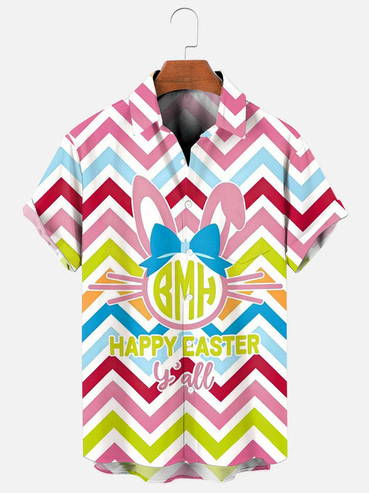 Men's Easter Pattern Print Hawaiian Short Sleeve Pocket Shirt