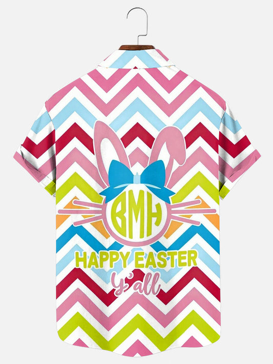 Men's Easter Pattern Print Hawaiian Short Sleeve Pocket Shirt
