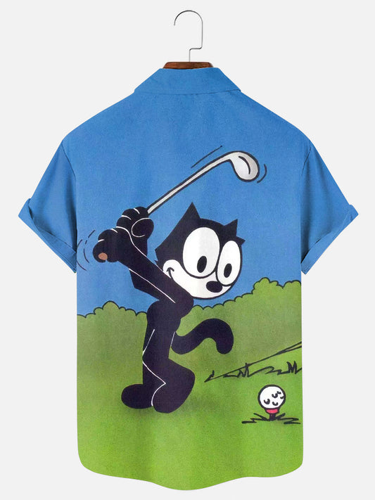 Men's Retro Cartoon Cat Playing Golf Print Hawaiian Short Sleeve Shirt