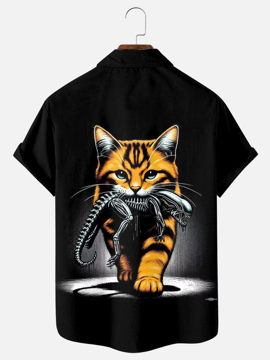 Men's Cat Alien Print Casual Pocket Short Sleeve Shirt