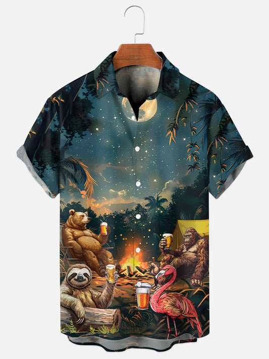 Men's Camping Bear Bigfoot Sloth Flamingo Beer Print Hawaiian Short Sleeve Shirt
