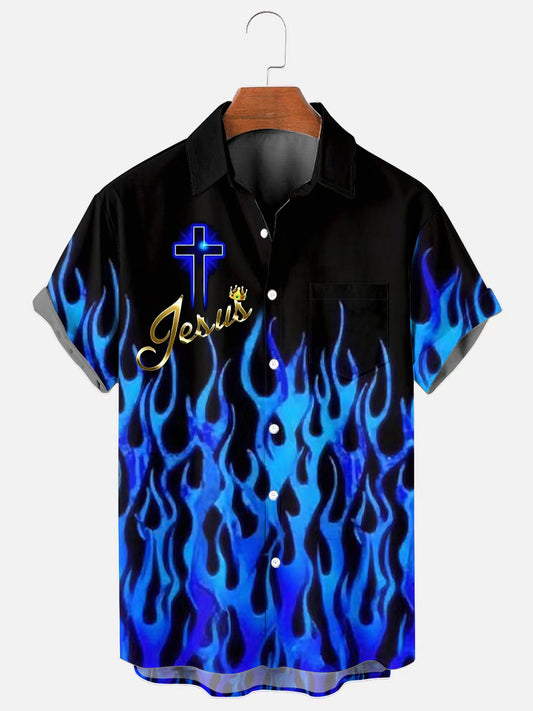 Men's Faith Cross Blue Flame Print Hawaiian Pocket Short Sleeve Shirt