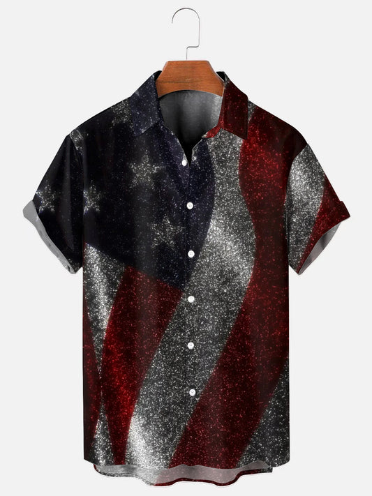 Men's American Flag Glitter Independence Day Short Sleeve Shirt