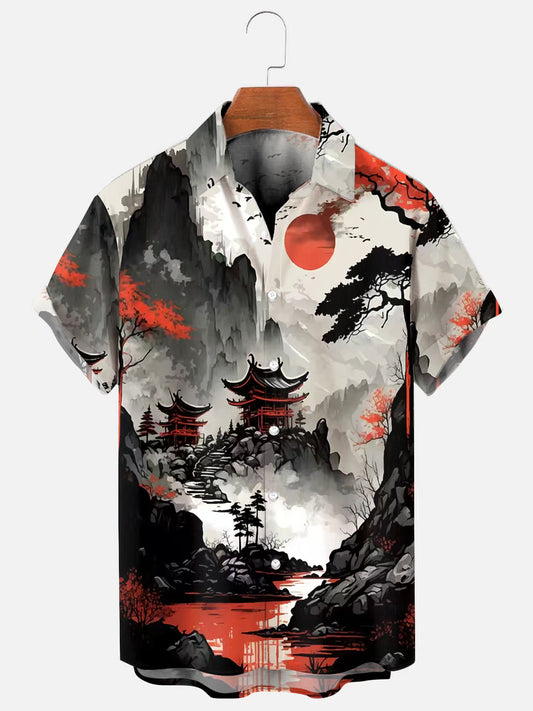 Men's Japanese Ink Poster Print Hawaiian Short Sleeve Shirt