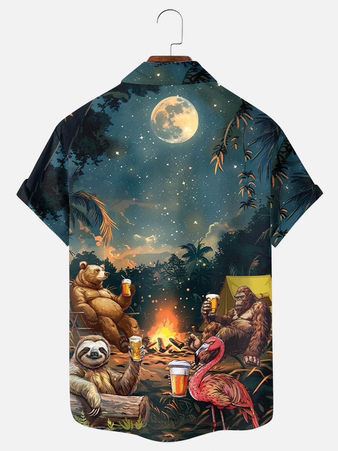 Men's Camping Bear Bigfoot Sloth Flamingo Beer Print Hawaiian Short Sleeve Shirt