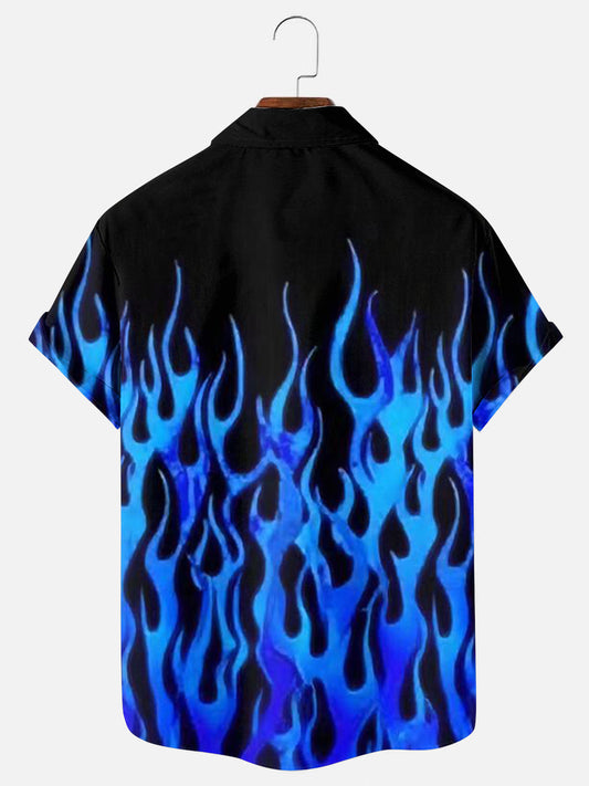 Men's Faith Cross Blue Flame Print Hawaiian Pocket Short Sleeve Shirt