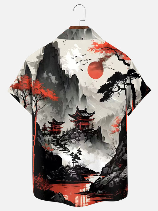 Men's Japanese Ink Poster Print Hawaiian Short Sleeve Shirt