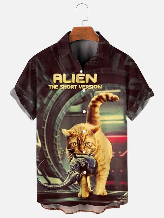 Men's Vintage Alien Movie Poster Print Hawaiian Pocket Short Sleeve Shirt