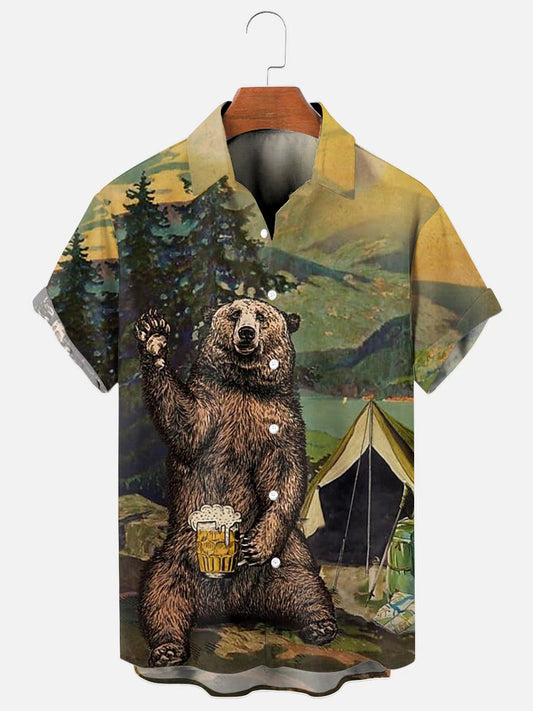 Men's Camping Bear Beer Print Hawaiian Short Sleeve Shirt