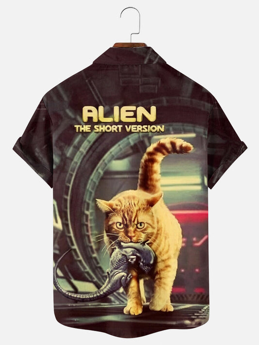 Men's Vintage Alien Movie Poster Print Hawaiian Pocket Short Sleeve Shirt