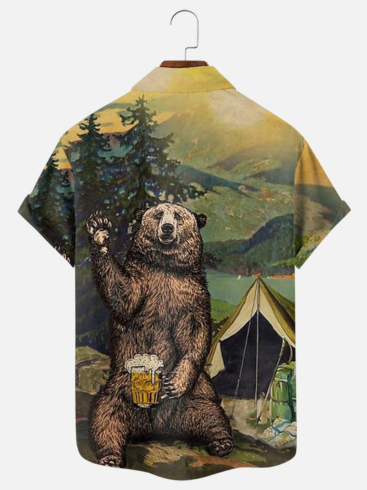 Men's Camping Bear Beer Print Hawaiian Short Sleeve Shirt