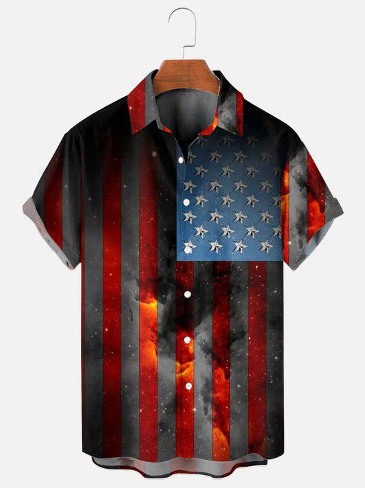 Men's American Flag Galaxy Independence Day Short Sleeve Shirt