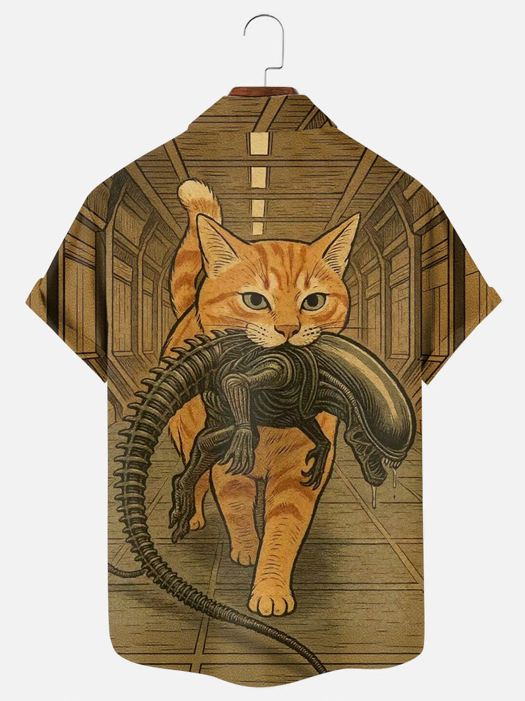 Men's Vintage Alien Cat Print Hawaiian Pocket Short Sleeve Shirt