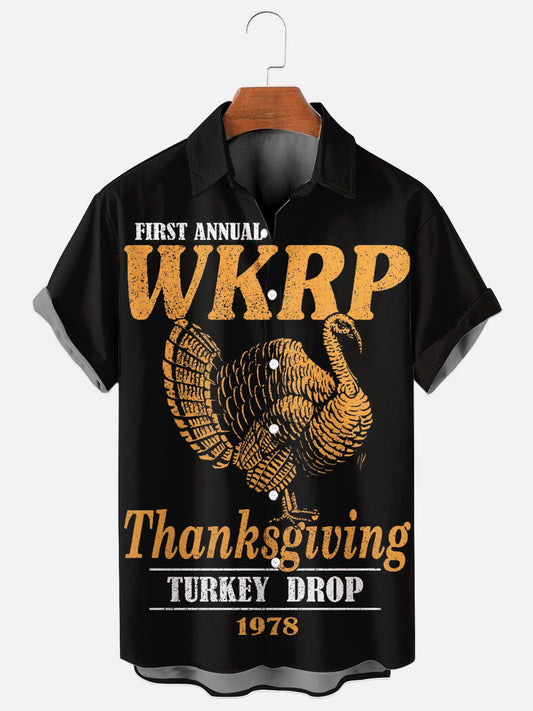 Men's Vintage Thanksgiving Turkey Drop Poster Print Holiday Short Sleeve Shirt