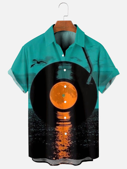 Men's Vinyl Record Creative Sunset Poster Print Short Sleeve Shirt