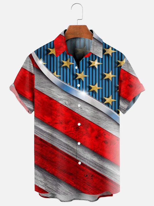 Men's Stars and Stripes Independence Day Print Hawaiian Short Sleeve Shirt