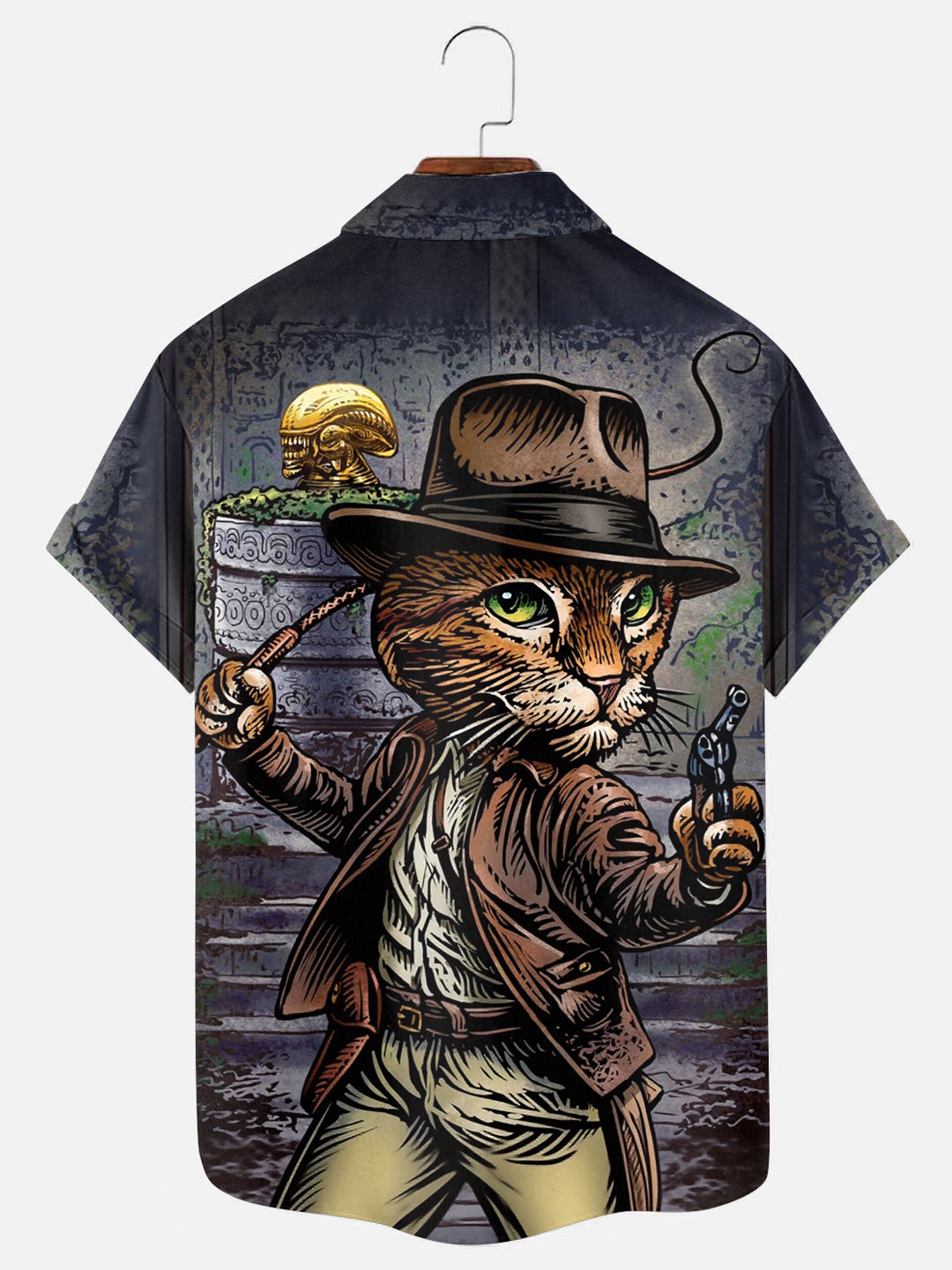 Men's Jones Cat Alien Print Hawaiian Pocket Short Sleeve Shirt