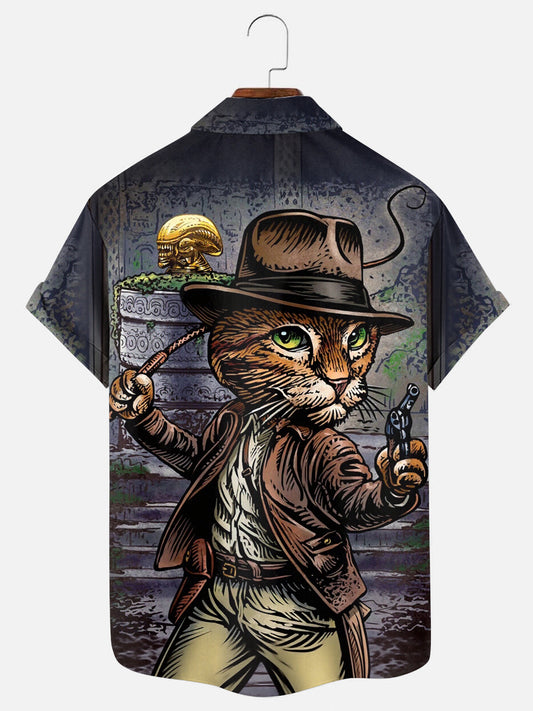 Men's Jones Cat Alien Print Hawaiian Pocket Short Sleeve Shirt