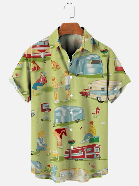 Men's Vintage Camping Trailer BBQ Family Vacation Travel Printed Hawaiian Short Sleeve Shirt