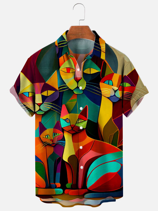 Picasso Cat Art Print Casual Short Sleeve Shirt