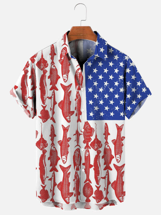 Men's Fishing Flag Print Hawaiian Short Sleeve Shirt