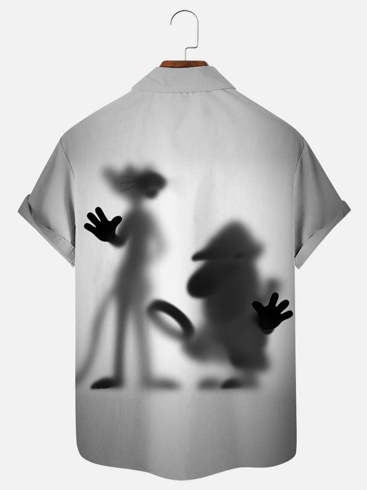 Men's Black and White Cartoon Shaded Art Print Casual Short Sleeve Shirt