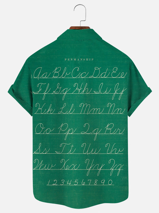 Men's Vintage School Cursive Alphabet Print Casual Short Sleeve Shirt