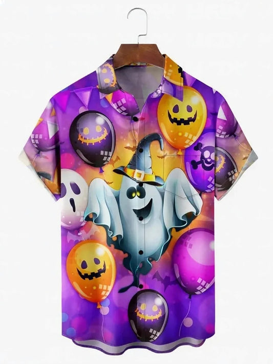Men's Fashion Halloween Demon Ghost Print Short Sleeve Shirt