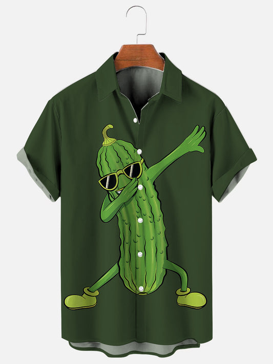 Men's Dancing Cucumber Cartoon Print Hawaiian Short Sleeve Shirt