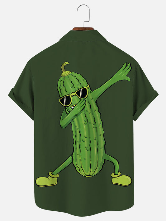 Men's Dancing Cucumber Cartoon Print Hawaiian Short Sleeve Shirt