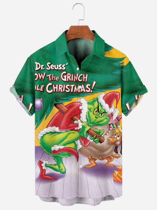 Men's Christmas Grinch Poster Print Holiday Short Sleeve Shirt