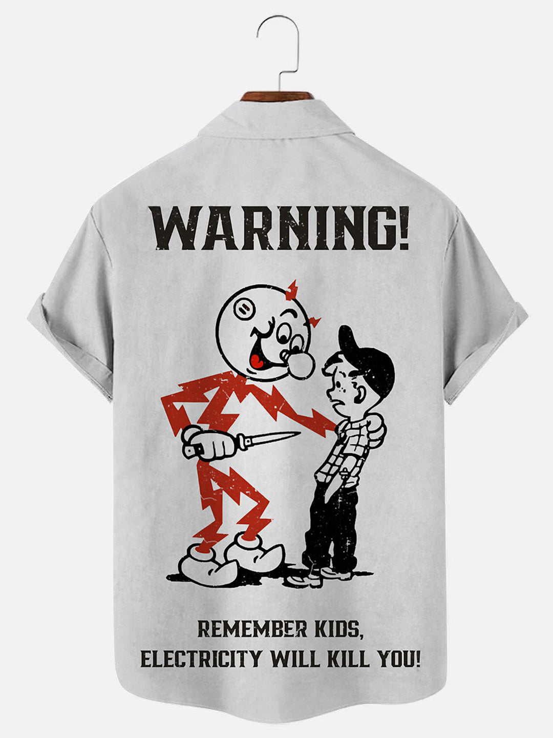 Men's 70's Vintage Electricity Warning Logo Print Hawaiian Breathable Short Sleeve Shirt