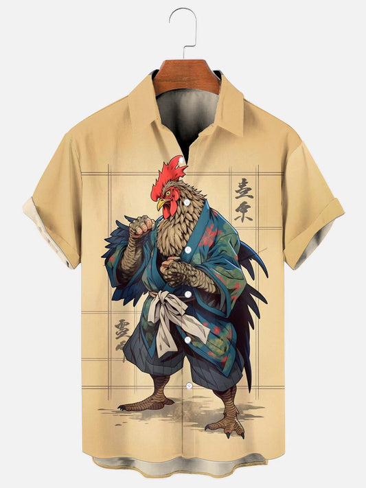 Men's Vintage Samurai Rooster Print Hawaiian Pocket Short Sleeve Shirt