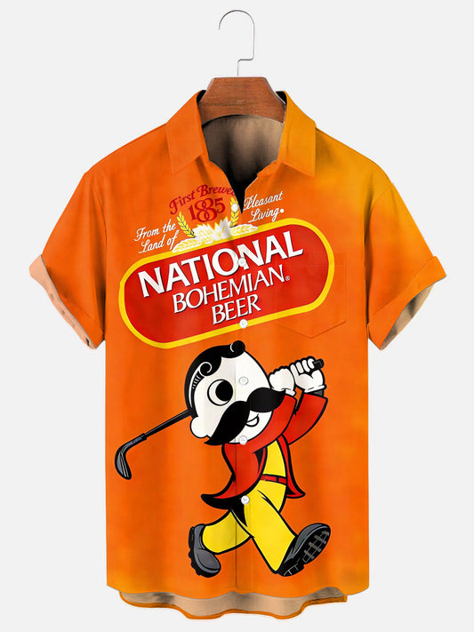 Men's Vintage Beer Pattern Print Hawaiian Short Sleeve Pocket Shirt