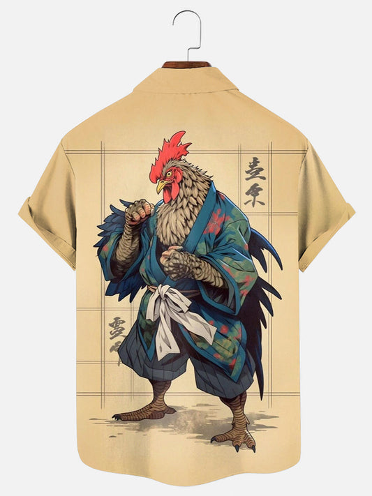 Men's Vintage Samurai Rooster Print Hawaiian Pocket Short Sleeve Shirt