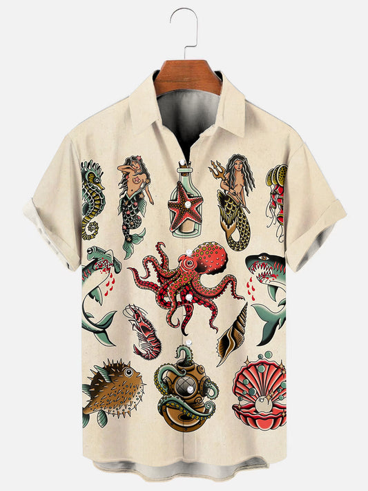 Ocean Tattoo Print Hawaiian Short Sleeve Shirt