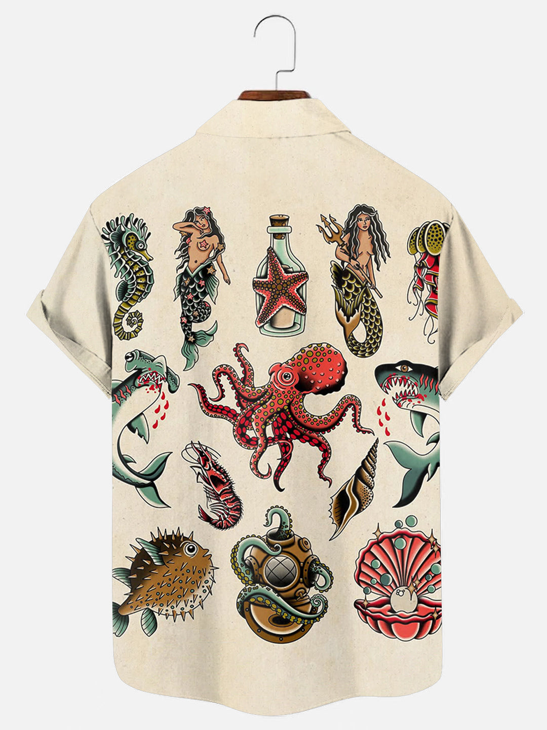 Ocean Tattoo Print Hawaiian Short Sleeve Shirt