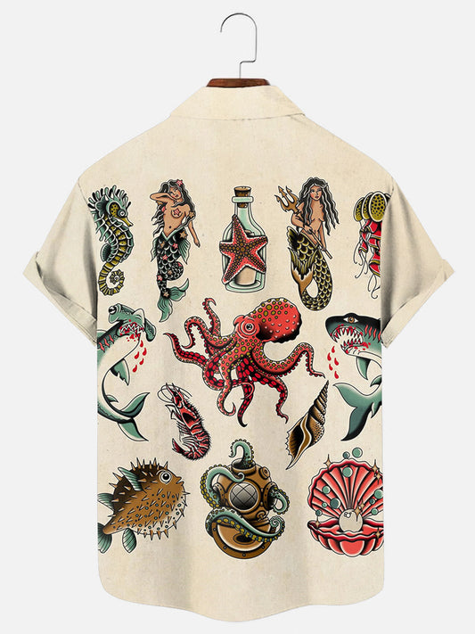 Ocean Tattoo Print Hawaiian Short Sleeve Shirt