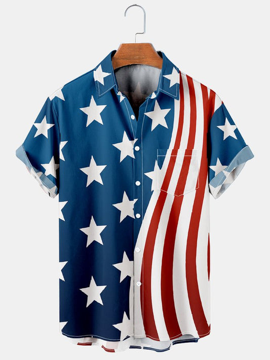 Mens American Flag Casual Breathable Chest Pocket Short Sleeve Hawaiian Shirts