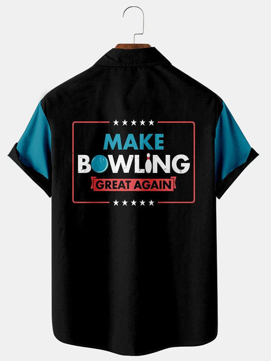 Men's Make Bowling Great Again Blue Shirt Vintage Camp Collar Top
