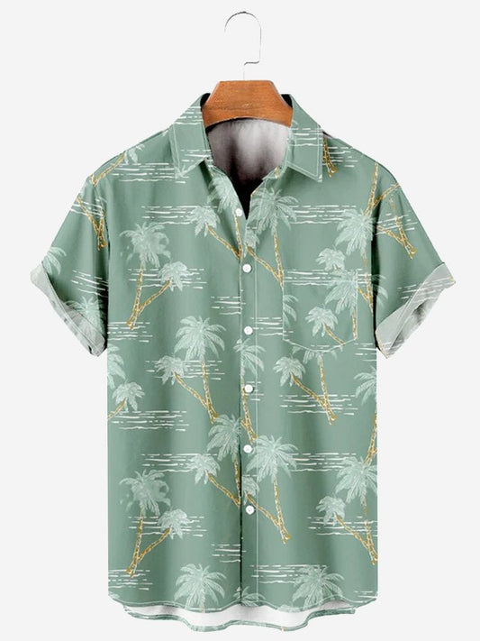 Men's 50's Classic Coconut Tree Wave Print Green Short Sleeve Hawaiian Shirt