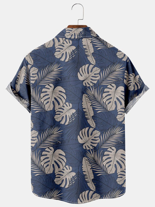 Mens Palm Leaves & Monstera Ceriman Leaves Print Casual Breathable Chest Pocket Short Sleeve Hawaiian Shirts