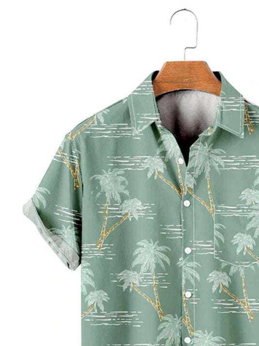 Men's 50's Classic Coconut Tree Wave Print Green Short Sleeve Hawaiian Shirt
