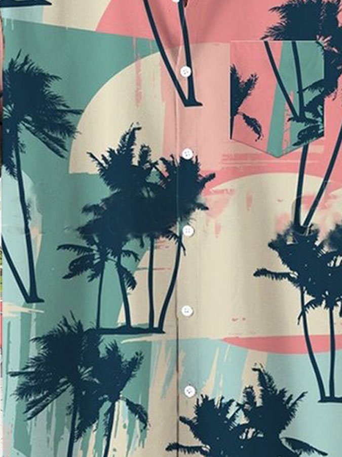 Mens Hawaiian Shirt Casual Short Sleeve Pink Statement Palm Tree Shirts & Tops