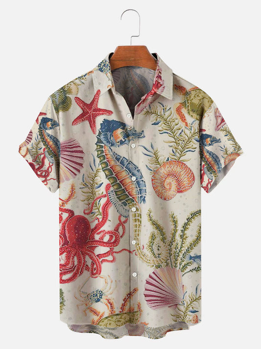 Men's Hawaiian Shirt Sea Life Seahorse Octopus Print Button Shirt