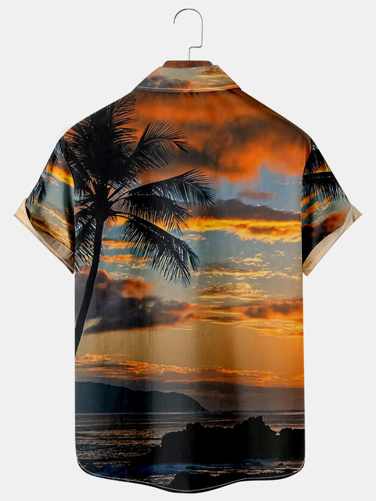 Mens Oahu Waikiki Beach Sunset Landscape Print Short Sleeve Hawaiian Shirt